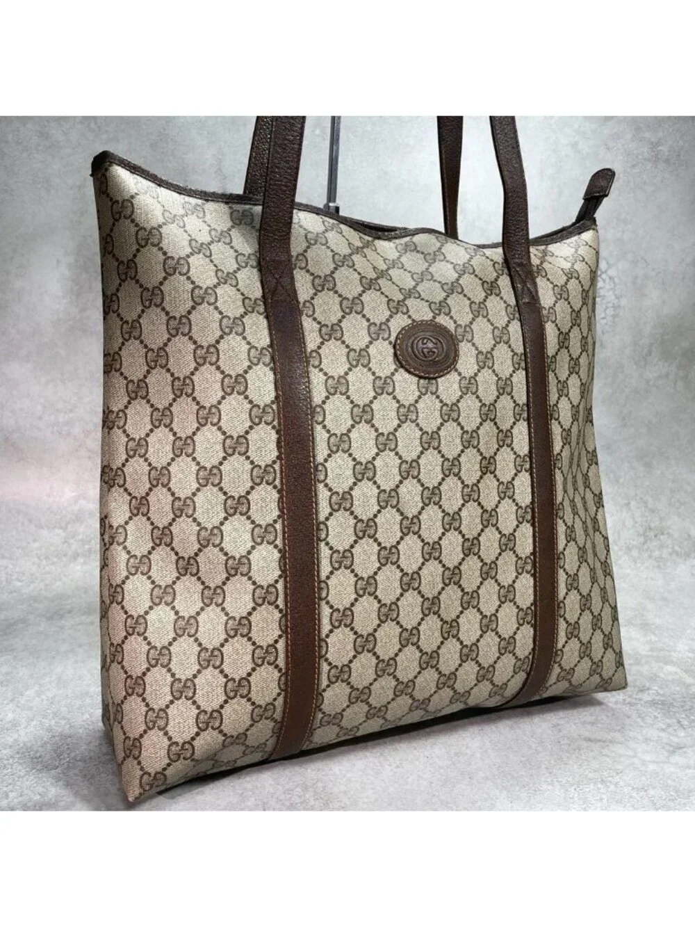 Gucci GG Tote Brown Beige Leather Logo